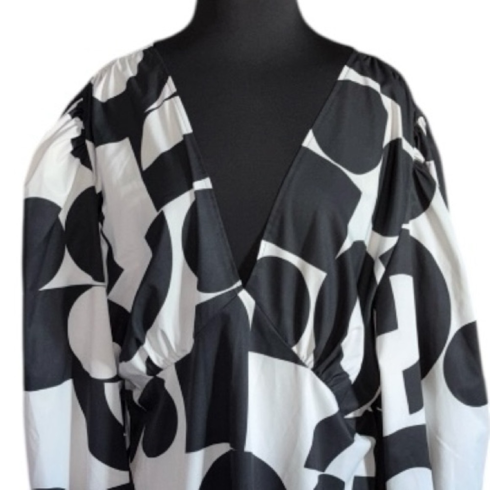 Plunging Neck Lantern Sleeve Graphic Print A-Line Dress, P:25”, L:38.5” - Picture 3 of 13